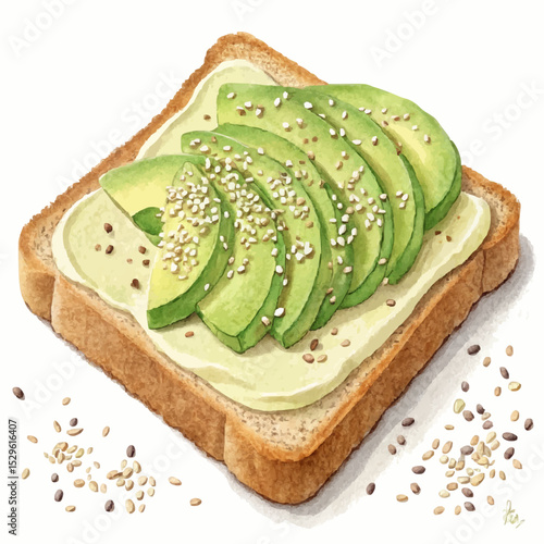 Healthy Avocado Toast with Sesame Seeds, Watercolor Illustration with Copy Space.