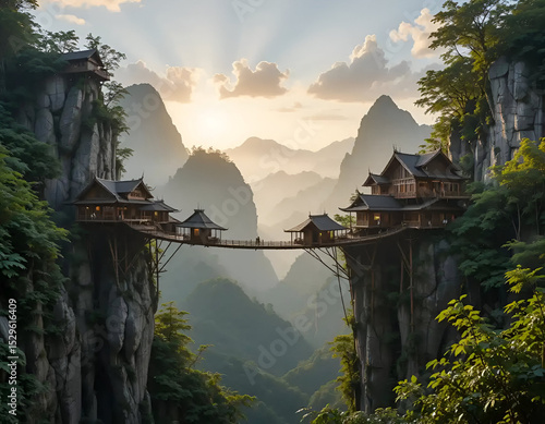 Modular bamboo sky‑bridge village suspended between mountain peaks at sunrise