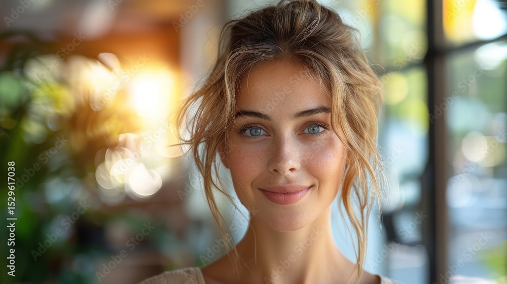 Fototapeta premium A beautiful young woman with a captivating smile stands in a softly lit environment, embodying warmth and positivity that resonates with anyone who gazes upon her.