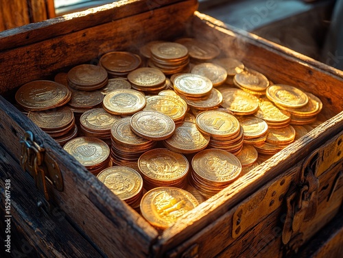 Gold Coin Collection Inside Wooden Box Window Light, Time Warmer Treasure Concept
