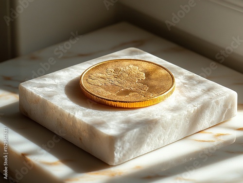 ​Title 1:​​ Single Gold Coin Minimalist Still Life on Onyx Surface, Dramatic Shadow Gallery Lighting