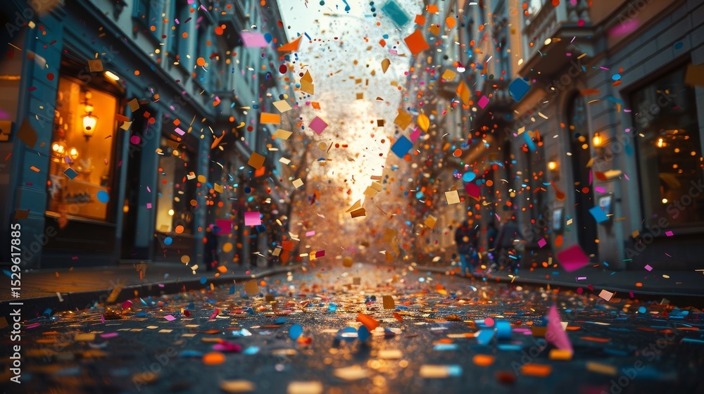 Obraz premium A lively street scene filled with colorful confetti, capturing the joyful essence of celebrations amidst the beautiful urban backdrop of buildings and streetlights.