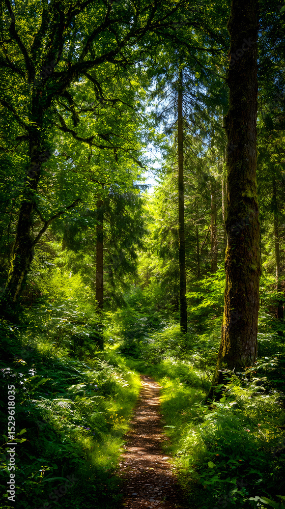 Obraz premium Serene Empty Hiking Trail Through Lush Green Forest
