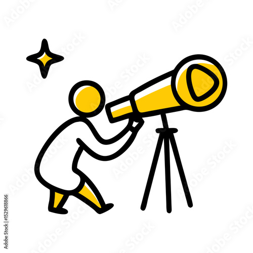 Cartoon astronomer observing stars through telescope in night sky  