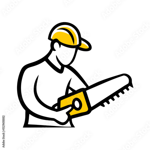 Carpenter using a hand saw while wearing a safety helmet  