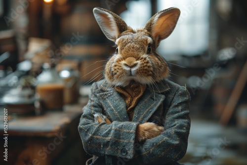 A charming rabbit dressed in a stylish suit, standing confidently in a rustic setting, blending whimsical elements with a classic touch, inviting smiles and amusement.
