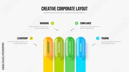 Product Portfolio Frame Layout Vector Illustration. Digital Launch Four Element Infographic Slide Design. Modern Strategy 4 Step Diagram Presentation Template.