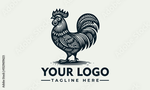Rooster standing upright with detailed feather texture and large tail in bold monochrome illustration style. Animal concept
