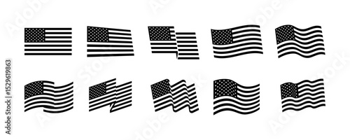 Black and white USA flag icons in various waving and static styles. Set of American national flag symbols isolated on white background for banner, header and poster design