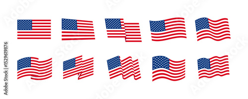 Set of waving and static USA flags in various shapes. American national flag icons with stars and stripes. Vector symbols isolated on white background for banner, poster and design