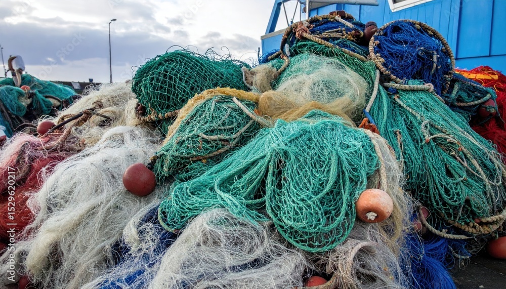 Entangled Legacy: A Colorful Heap of Retired Fishing Nets Awaiting Recycling Entangled Legacy: A Colorful Heap of Retired Fishing Nets Awaiting Recycling