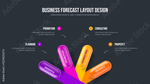 Professional Strategy 4 Step Diagram Presentation Template. Product Introduction Slideshow Layout Vector Illustration. Business Profile Four Element Infographic Slide Design.