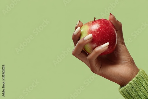 Fresh red apple held in hand with green background showcasing healthy lifestyle and choice