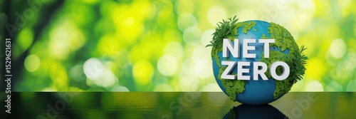 Earth globe displaying the message net zero, surrounded by a bokeh effect of green foliage.
