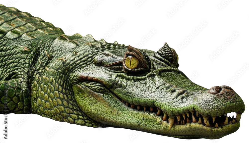 Fototapeta premium Detailed close-up of a green alligator head, smiling, transparent background png
