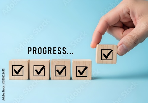 Achieve Your Goals with Checkmarks Progress Blocks Wooden Cubes Concept Success Planning Business Strategy