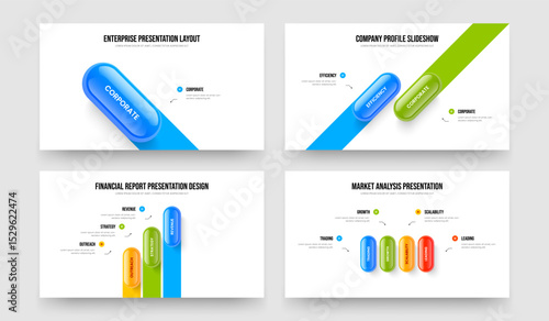 Product Analysis One Two Three Four Element Diagram Presentation Layout Vector Illustration Bundle. Market Strategy 1 2 3 4 Option Infographic Slideshow Template Set.