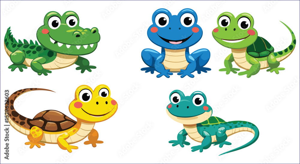 Fototapeta premium Cartoon Crocodile Frogs And Turtle Lizards Vector Illustration Set Isolated