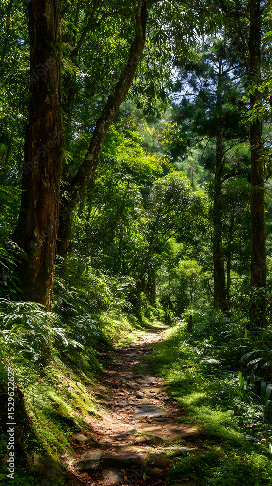 Naklejka premium Forest Path: A sun-dappled trail winds through a lush green forest canopy.