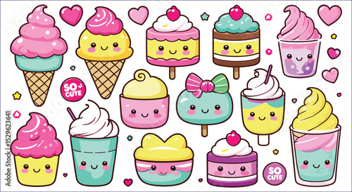 Cute Kawaii Desserts Collection Ice Cream Cake And Cupcake Illustration