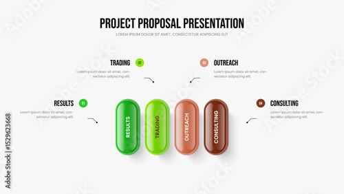 Digital Introduction Four Element Infographic Presentation Layout. Market Overview 4 Step Diagram Slide Template. Project Forecast Slideshow Design Vector Illustration.
