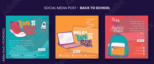 Back to school. Set of social media post template with backpack, tablet and shoes in cartoon design