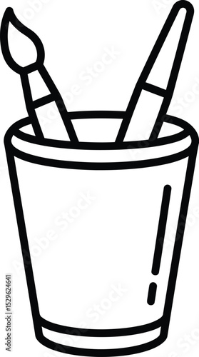 Artistic Tools: A clean, minimalist black-and-white illustration of artist's brushes standing upright in a holder, conveying creative tools and supplies.