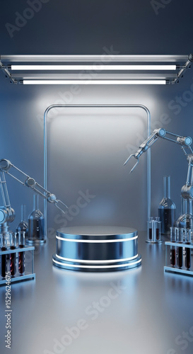 Futuristic Laboratory with Robotic Arms Displaying a Metallic Podium in Blue Tones and Bright Lighting