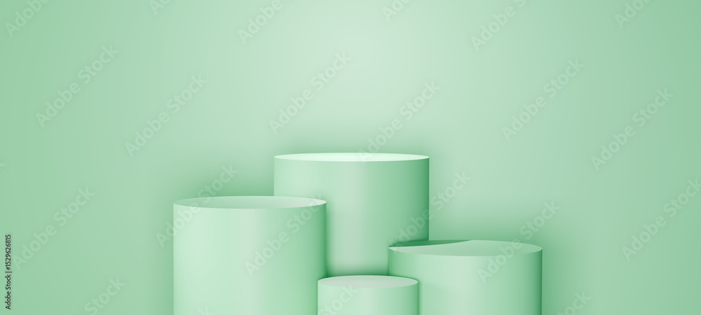 Minimalist 3D render of green cylindrical podiums on a neutral green background. Perfect for showcasing products, creating clean modern designs, or using as a backdrop in mockups and presentations. Minimalist 3D render of green cylindrical podiums on a neutral green background. Perfect for showcasing products, creating clean modern designs, or using as a backdrop in mockups and presentations.