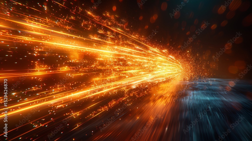 Naklejka premium An intense abstract image depicting fast-moving light trails against a dark background, symbolizing speed, energy, and the essence of motion in the universe.