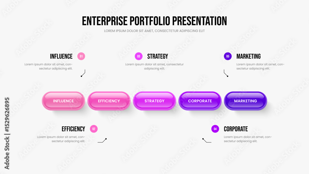 Obraz premium Creative Insight Five Step Diagram Presentation Layout. Product Visualization 5 Element Infographic Slideshow Template. Advertising Forecast Frame Design Vector Illustration.