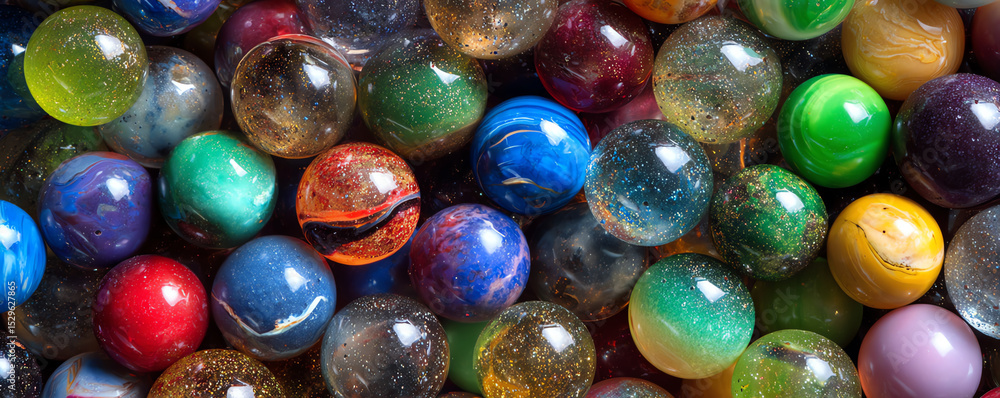 Colorful marbles create vibrant and playful scene, showcasing various designs and textures Colorful marbles create vibrant and playful scene, showcasing various designs and textures