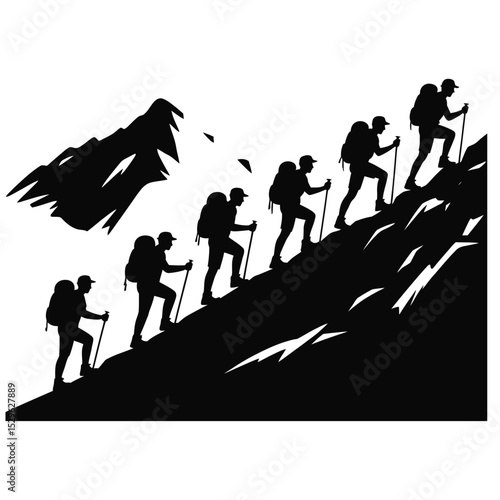 Five hikers ascend a rocky mountainside toward a distant peak