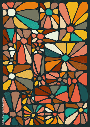 Abstract floral seamless stained glass-style pattern with vibrant geometric colors