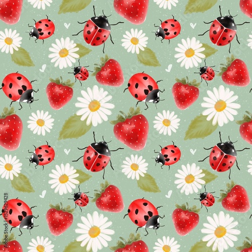 Seamless summer pattern with bugs and berries