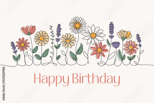 Cheerful Floral Birthday Card Design Line Art Flowers and Happy Birthday Wishes
