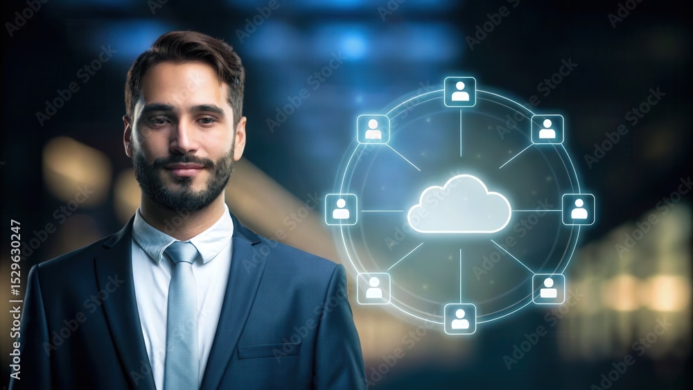 A confident businessman stands next to a digital cloud network infographic symbolizing cloud computing and data connectivity. A confident businessman stands next to a digital cloud network infographic symbolizing cloud computing and data connectivity.