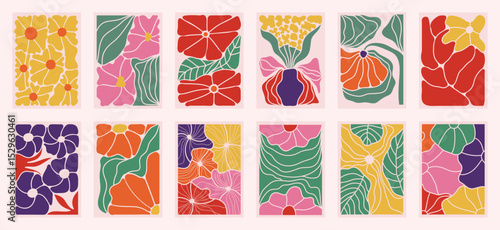Botanical doodle background art vector set. Flower and leaves autumn doodle art design for t-shirt, print, wallpaper, clipart, wall art for home decoration.