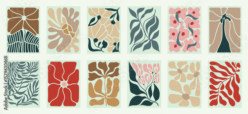 Botanical doodle background art vector set. Flower and leaves autumn doodle art design for t-shirt, print, wallpaper, clipart, wall art for home decoration.