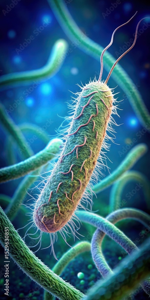Fototapeta premium High-magnification image of an Escherichia coli bacterium with a pointed end and multiple loops