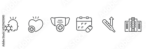 Virus awareness heartcare facemask medication calendar temperature hospital illness protection recovery health checkup icon vector illustration.