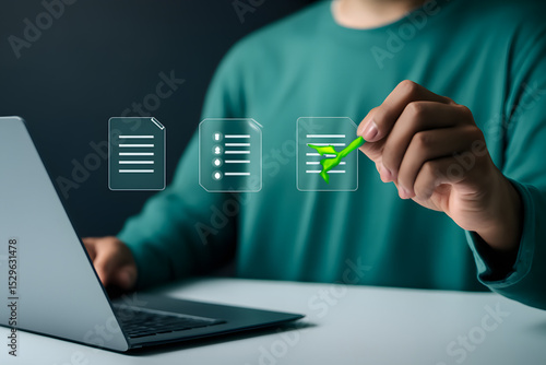 Digital Document Management – User Interacting with Floating Checklist and Green Checkmark