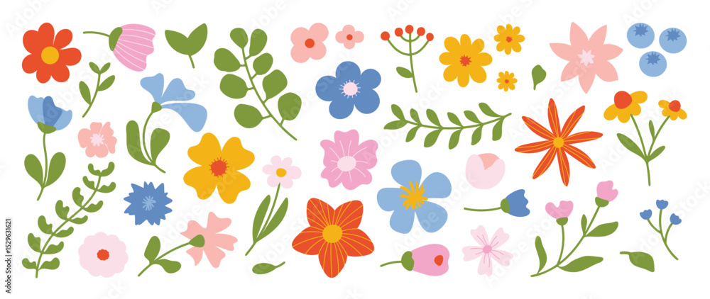 Fototapeta premium Collection of spring colorful flower elements vector. Set floral of wildflower, leaf branch, foliage on white background. Hand drawn blossom illustration for decor, easter, thanksgiving, clipart.