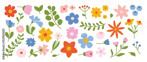 Collection of spring colorful flower elements vector. Set floral of wildflower, leaf branch, foliage on white background. Hand drawn blossom illustration for decor, easter, thanksgiving, clipart.