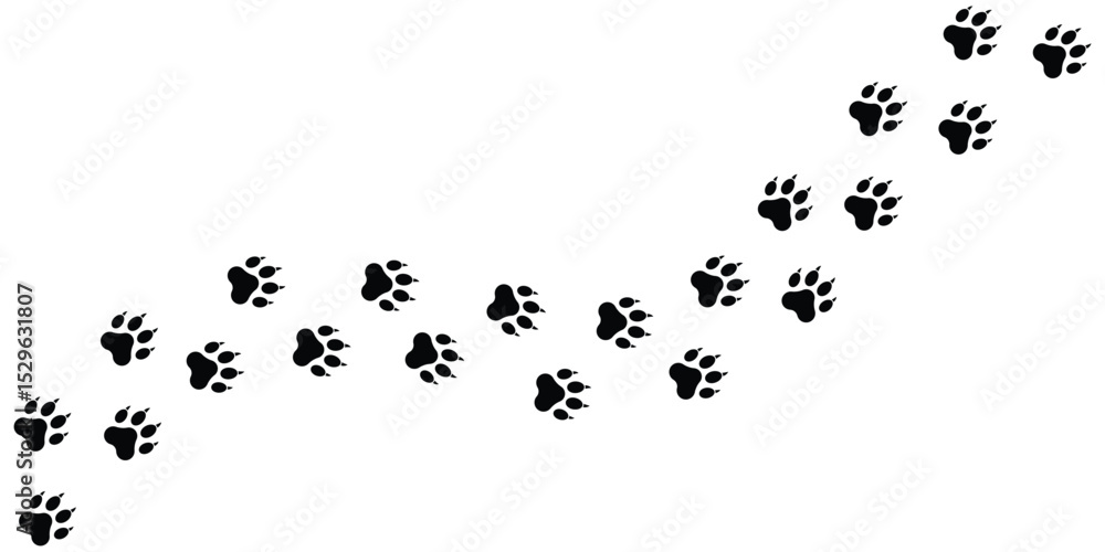 Obraz premium Animal paw prints trail vector illustration. Dog, cat, pet, or wildlife footprint path design. Black silhouette isolated on white background.