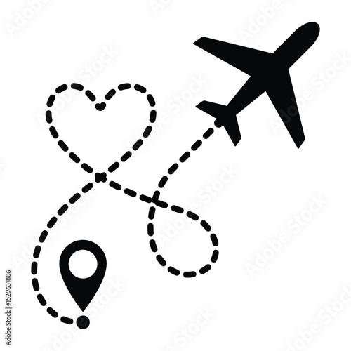 Airplane flight path vector icon. Heart-shaped travel route with dashed line and location pin. Love trip, romantic journey, vacation or honeymoon concept. Black silhouette on white background.