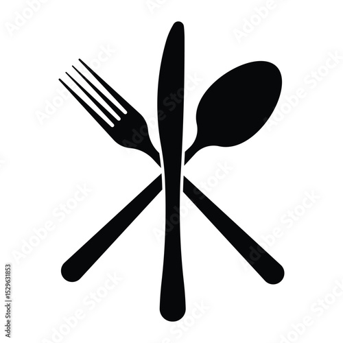 Crossed cutlery vector icon. Fork, knife and spoon symbol for restaurant, dining, food service, menu design, catering or kitchen logo. Black silhouette isolated on white background.