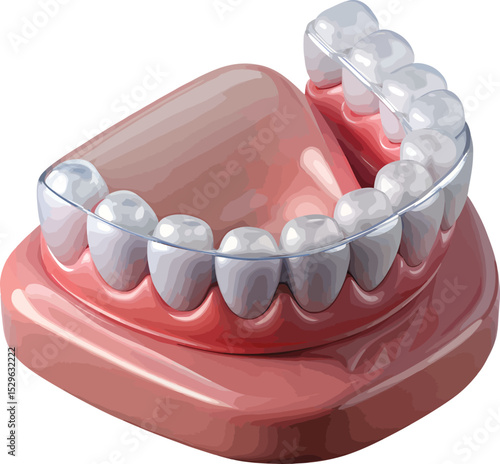 A 3D rendering of a set of clear aligners on a model of teeth and gums, showing a close-up view of the aligners in place