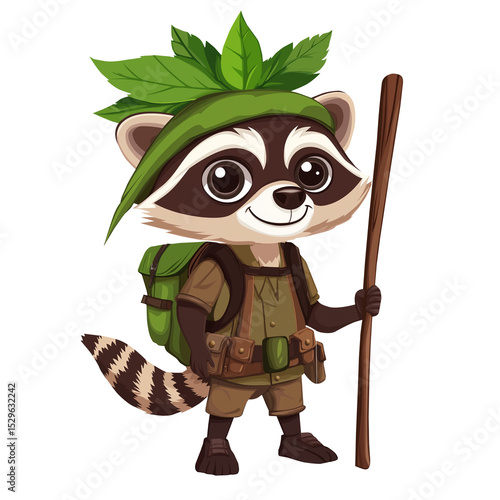 A brave raccoon dressed as a little forest explorer, with a leaf hat and stick - vector character isolated on transparent white background, png.