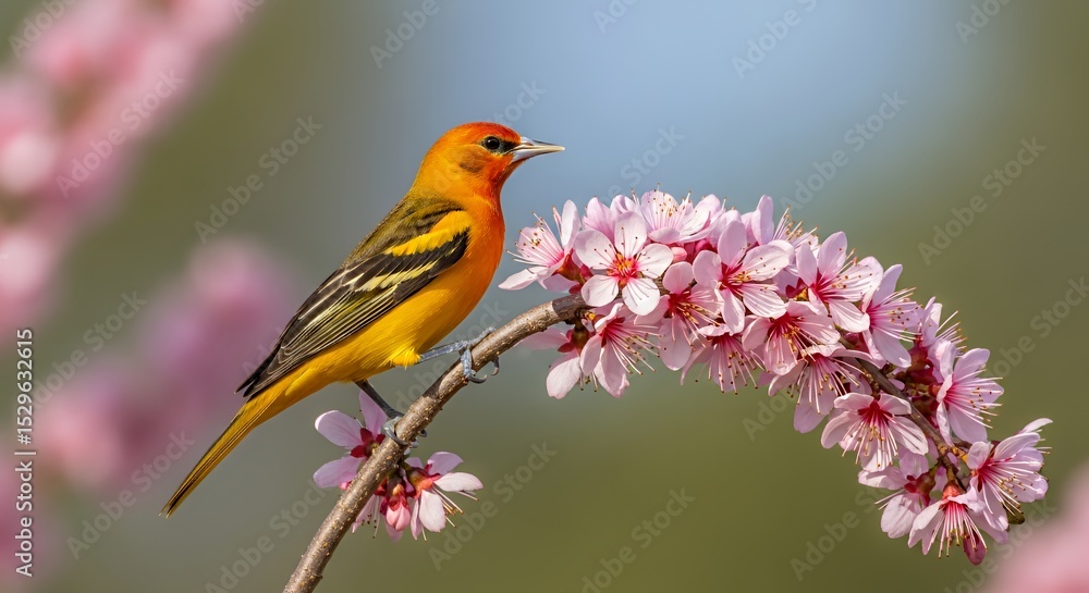 Vibrant Orange Bird Perched Amidst Delicate Pink Blossoms Vibrant Orange Bird Perched Amidst Delicate Pink Blossoms